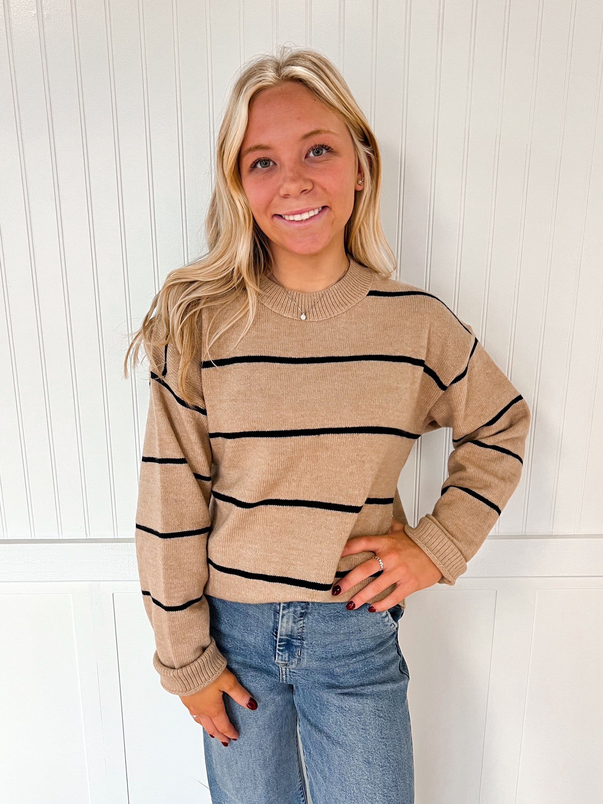 Hadley Loose Fit Stripe Long Sleeve Crewneck Sweater-La Miel-Bin a4,FD 09/30/25,HCS3553,Tops Collection-The Twisted Chandelier