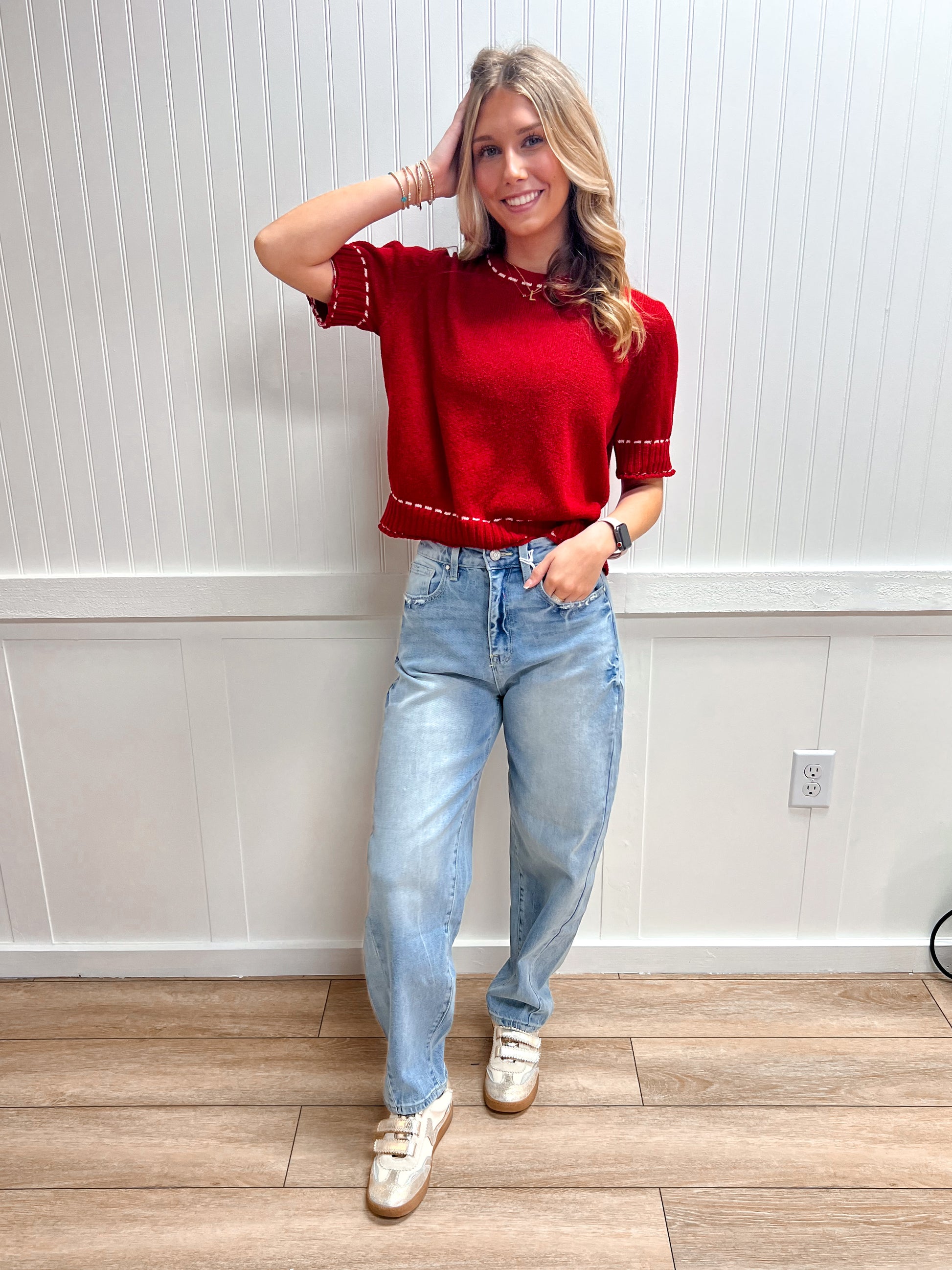 Josie Short Sleeve Round Neck Sweater with Contrast Color Stitch-Active Basic | Active USA-FD 02/03/26,Tops Collection-The Twisted Chandelier