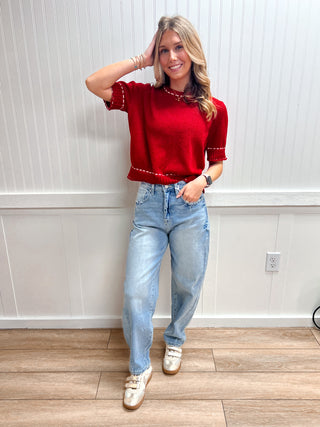 Josie Short Sleeve Round Neck Sweater with Contrast Color Stitch-Shirts & Tops-Active Basic | Active USA-FD 02/03/26,RWB,Tops Collection-The Twisted Chandelier