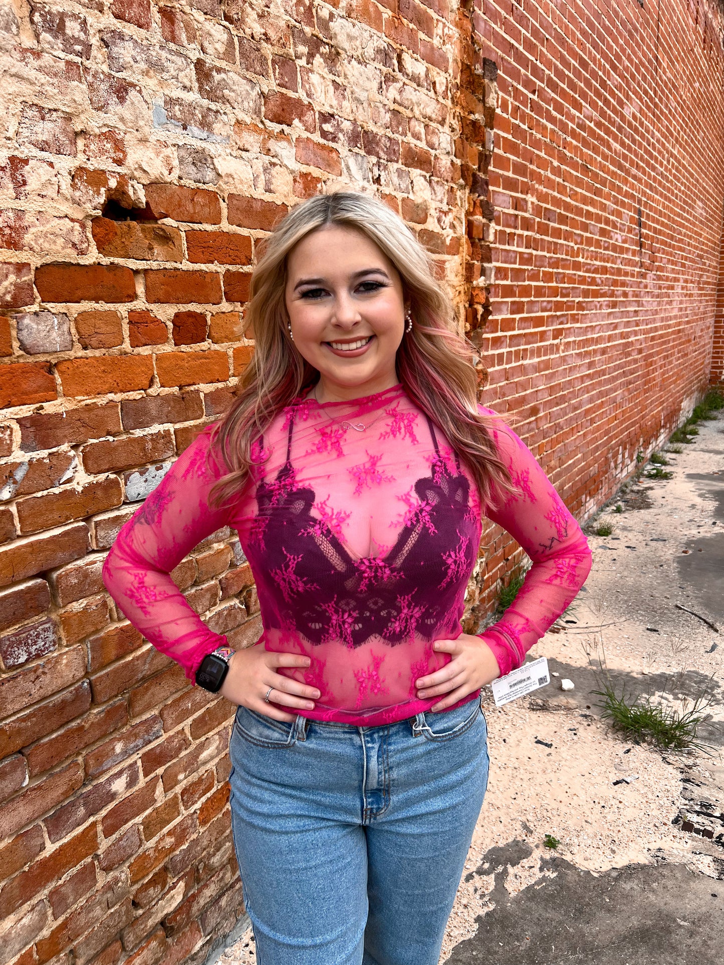 Long Sleeve Floral Lace Top - Hot Pink-Top-Sewn and Seen-BIN D4-The Twisted Chandelier