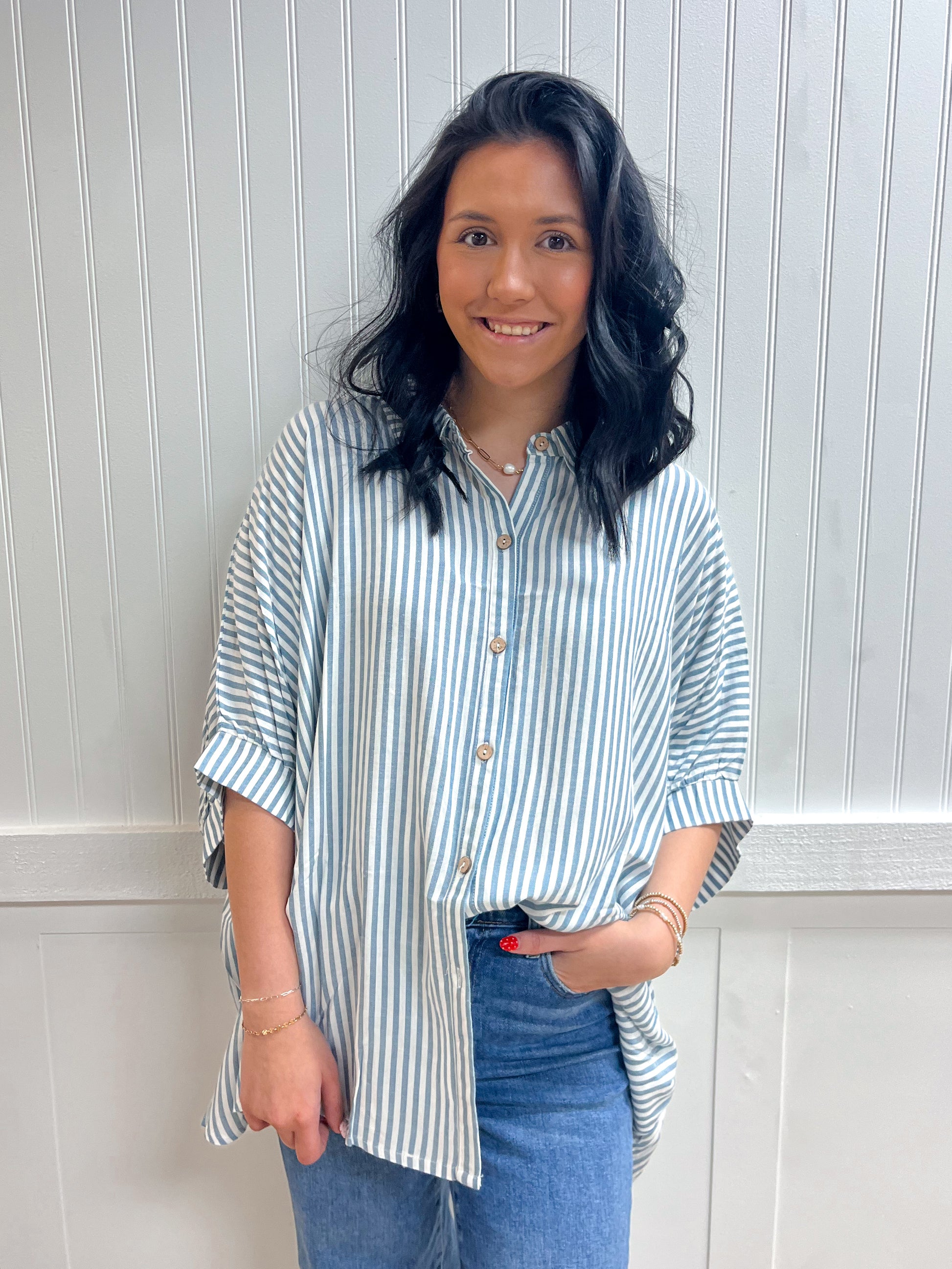 Marleigh Rayon Striped Short Sleeve Button Up Shirt-ZENANA-Tops Collection-The Twisted Chandelier