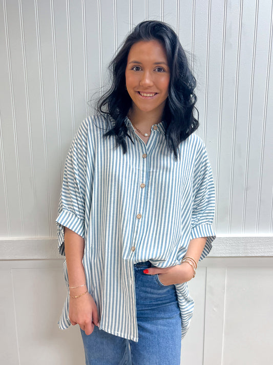 Marleigh Rayon Striped Short Sleeve Button Up Shirt-ZENANA-Tops Collection-The Twisted Chandelier