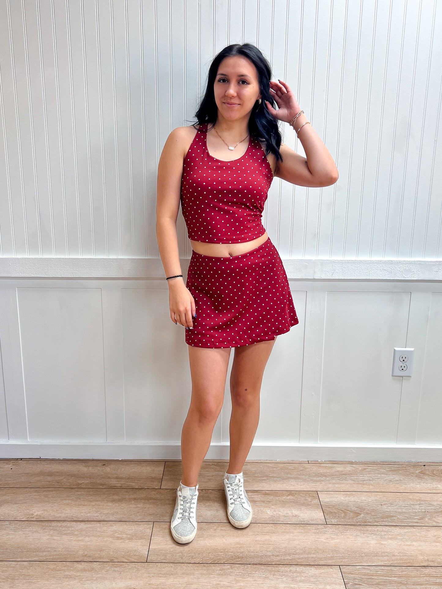 Sienna Strappy Back Tank Top & Wrap Skort Dot Print Activewear Set-Active Basic | Active USA-FD 04/30/26-The Twisted Chandelier