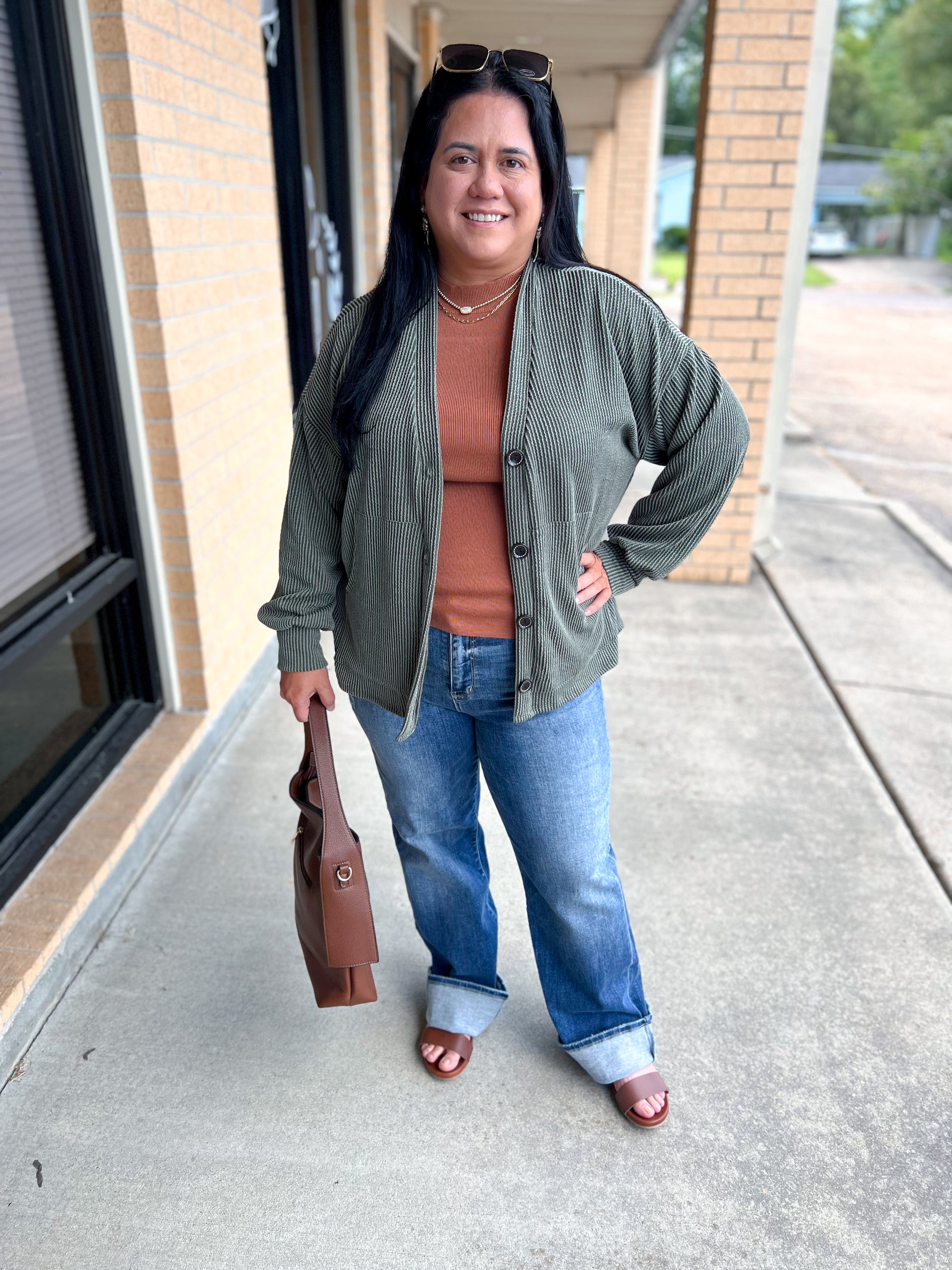 Kate Solid Rib Drop Shoulder Button Balloon Sleeve Cardigan - Olive-7th Ray-Bin a4,FD 09/22/25-The Twisted Chandelier
