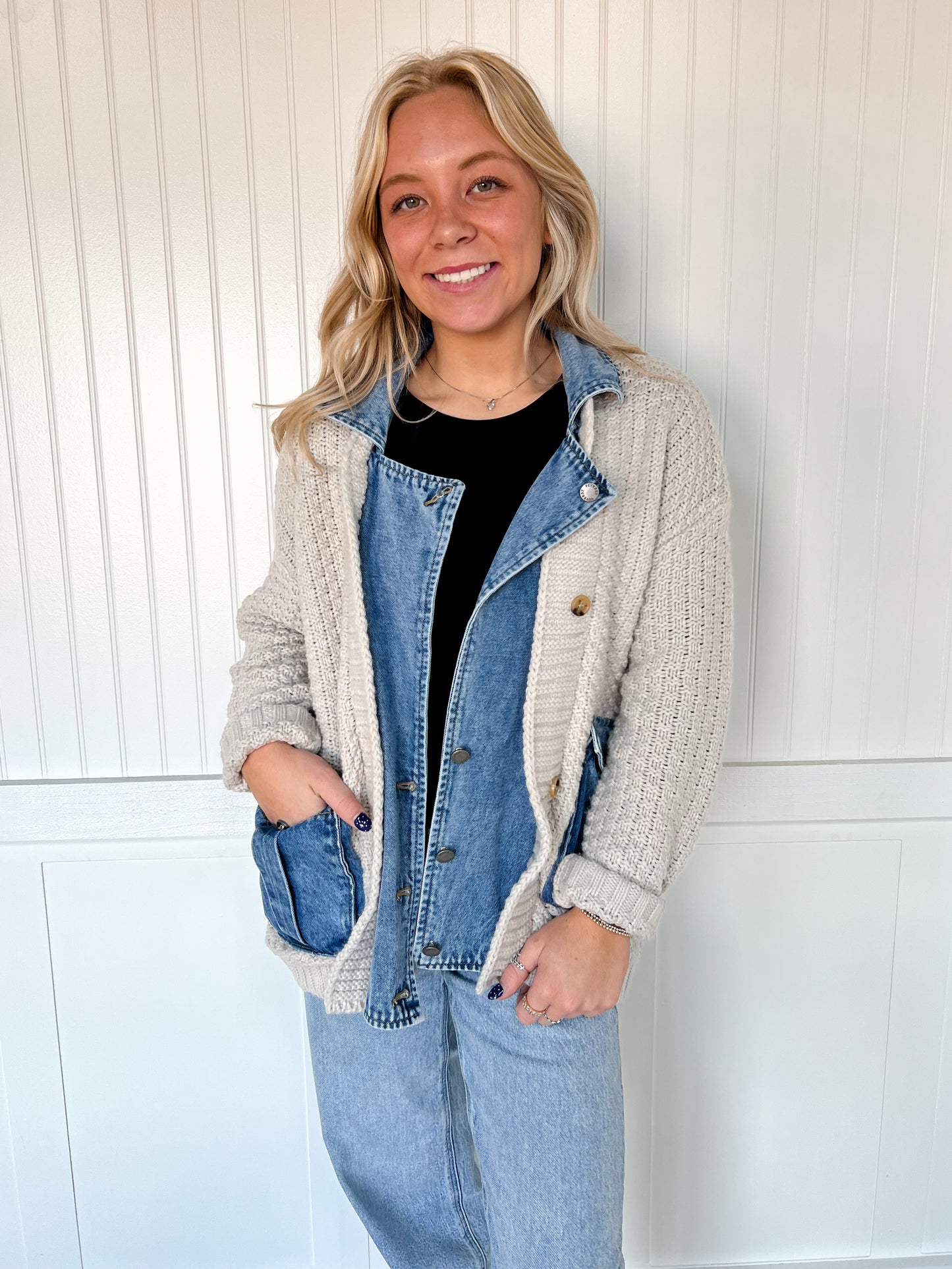 Adeline Knit Body Denim Layerd Jacket-Veveret-FD 12/22/25,Tops Collection-The Twisted Chandelier