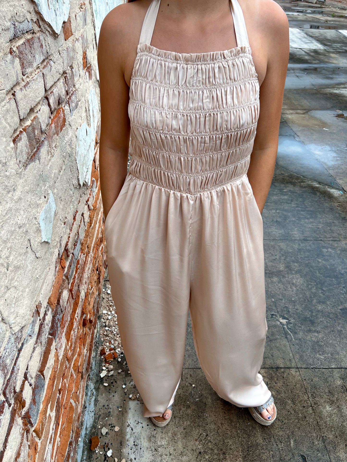 Davina Halter Neck Tie Closure Smocked Jumpsuit-Jumpsuits & Rompers-Davi & Dani-Bin b2, DR30073-The Twisted Chandelier