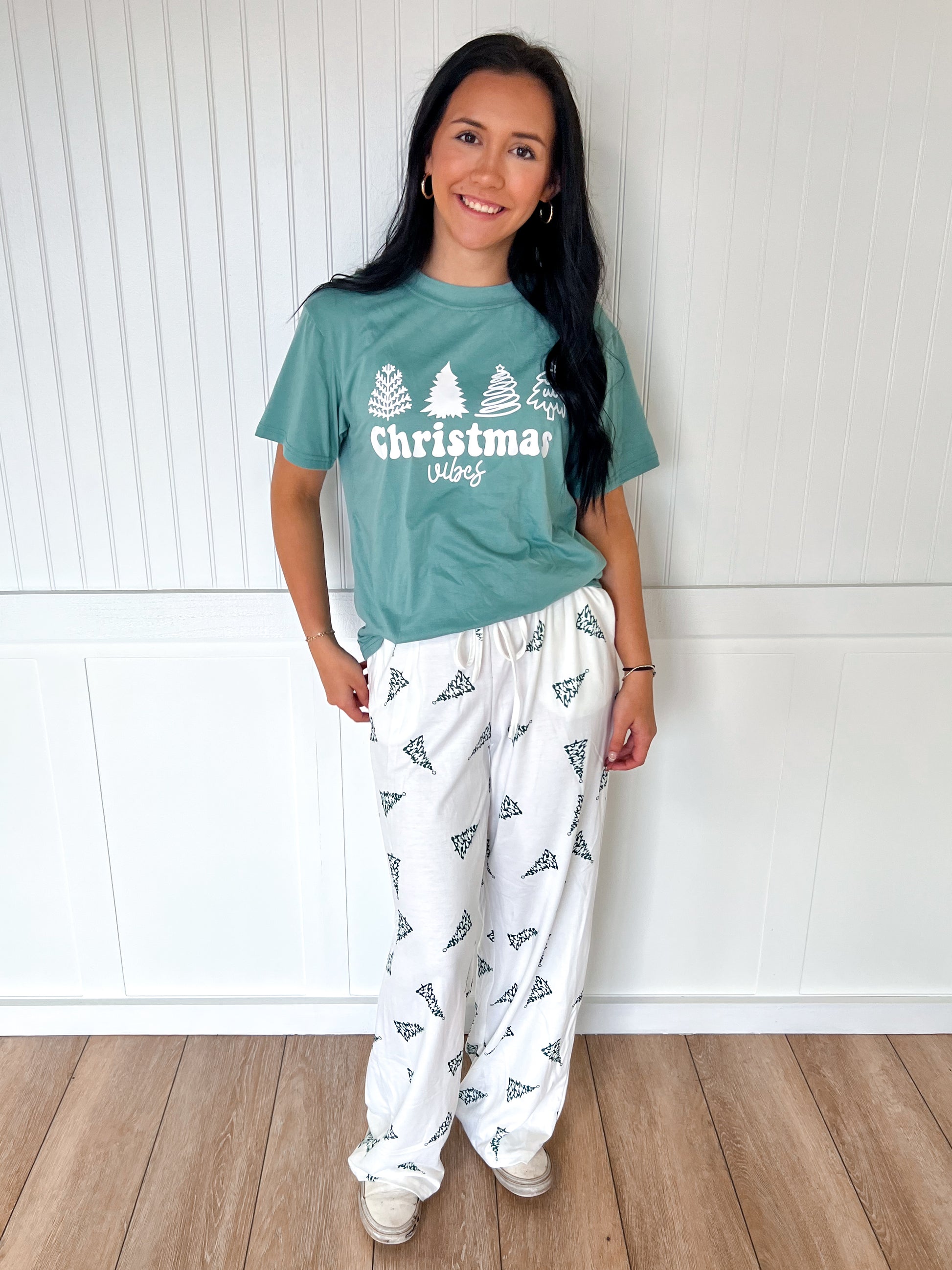 Christmas Pajamas Tree Printed Tee and Pants Lounge Set-fashionworks-Christmas tote ct1,FD 12/03/24-The Twisted Chandelier