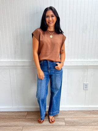 Cora Solid Round Neck Cap Sleeve Top - Mocha