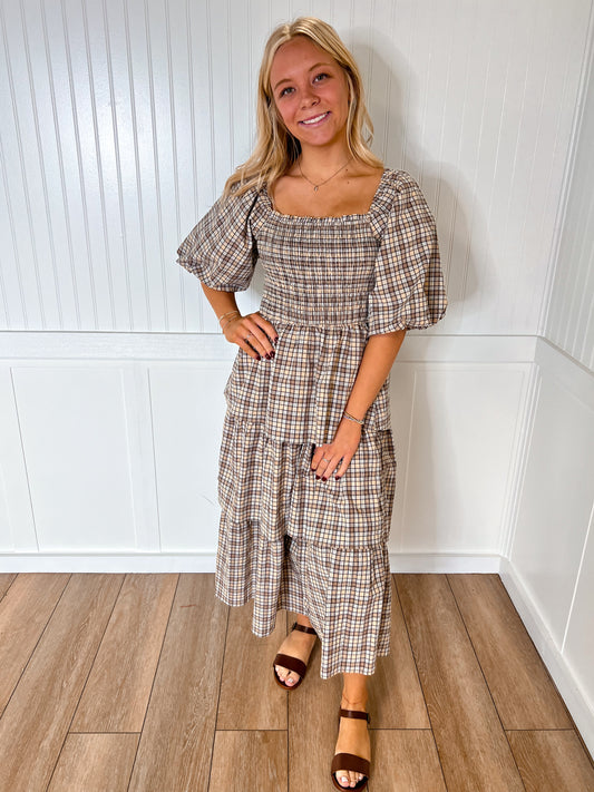 Charlotte Crinkled Plaid Smocked Top Midi Dress-Oddi-Bin B3,DJR,OGP 71.99-The Twisted Chandelier