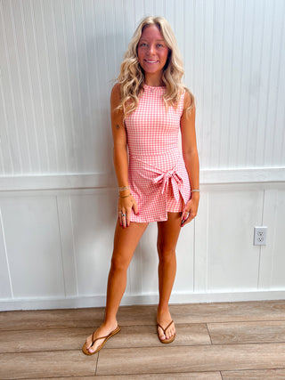 Millie Gingham Print Sleeveless Wrap Tie Front Dress