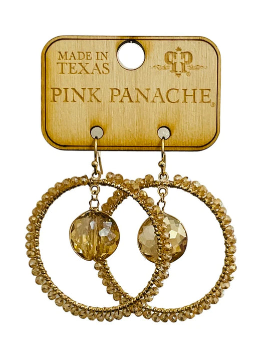 Pink Panache Champagne Bead Wrapped Circle Earrings with Large Champagne Crystal Bead Charm-Earrings-Pink Panache-Created - 01/15/24-The Twisted Chandelier
