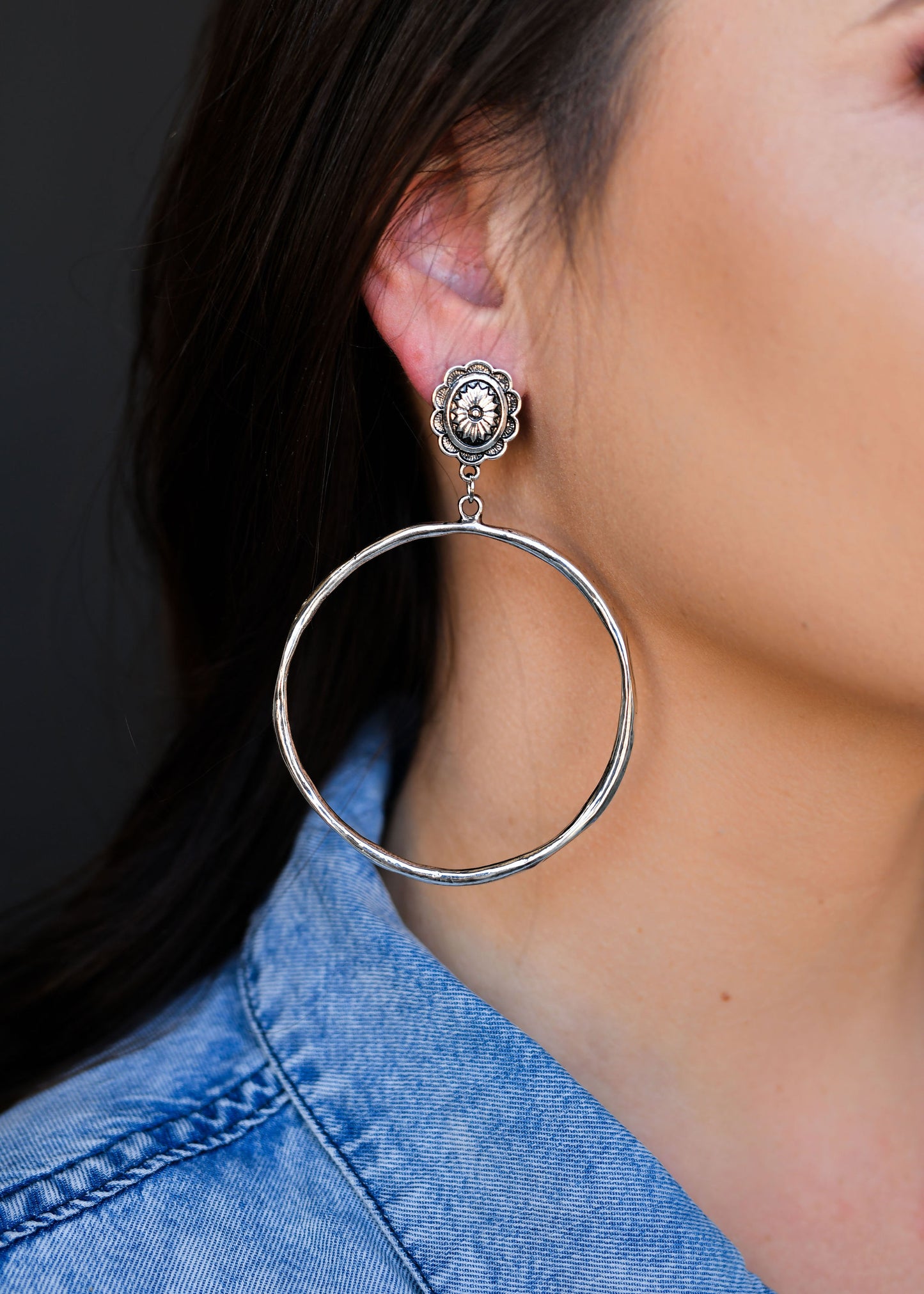West and Co. Large Burnished Silver Hammered Hoop Earring with Silver Flower Post-Hoop Earrings-West and Co.--The Twisted Chandelier