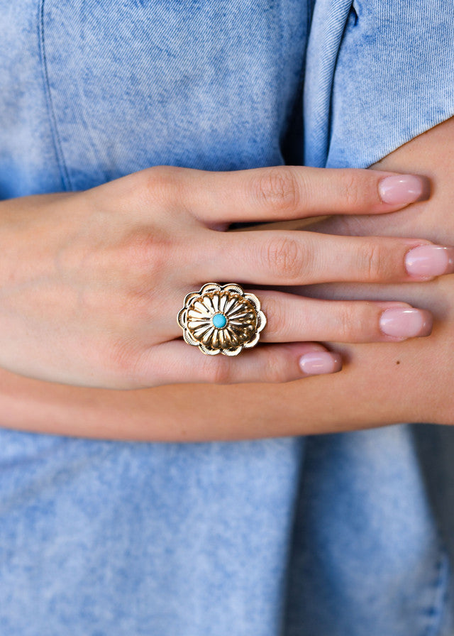 West and Co. Large Burnished Gold Adjustable Concho Ring with Turquoise Stone-Western Ring-West and Co.-Accessories-The Twisted Chandelier