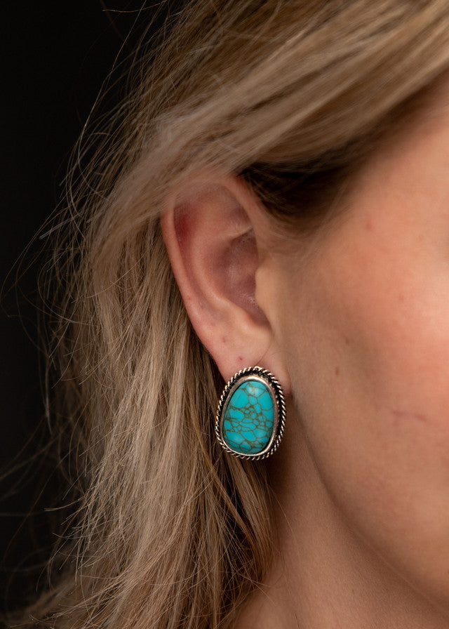 West and Co. 1" Turquoise Post Earrings with Burnished Silver Rope Border-Drop Earrings-West and Co.--The Twisted Chandelier