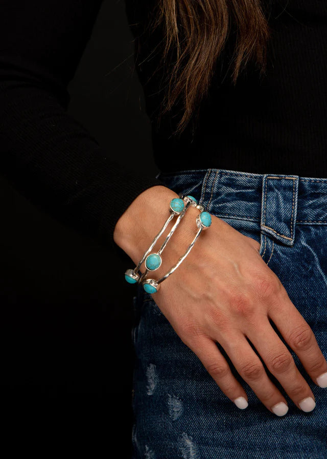 West and Co. Set of 3 Burnished Silver Bangles with Turquoise Oval Stones-Bangles-West and Co.--The Twisted Chandelier