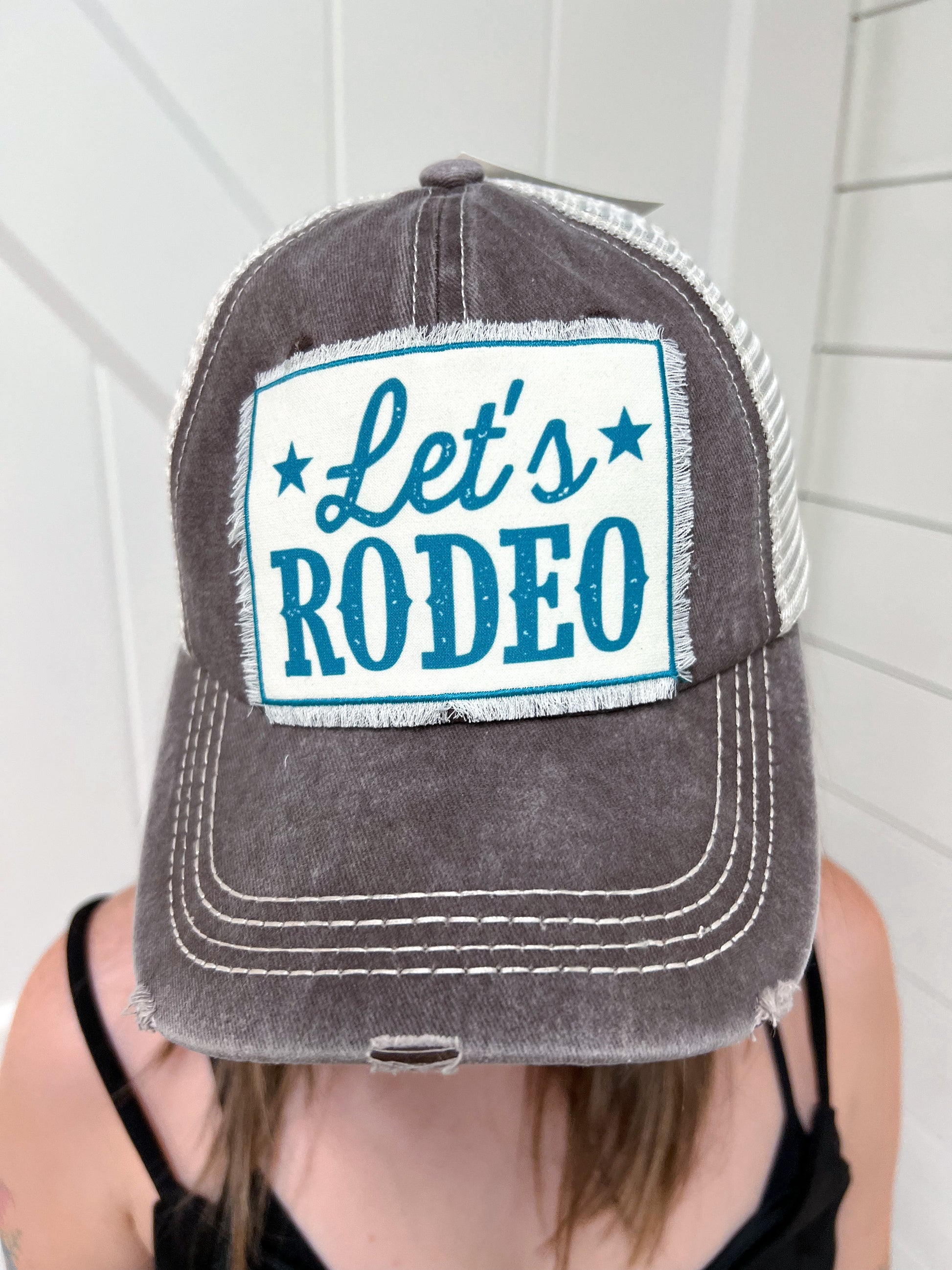 Let's Rodeo Patch on Distressed Hat-Hat-Southern Grace Wholesale-BIN D3-The Twisted Chandelier