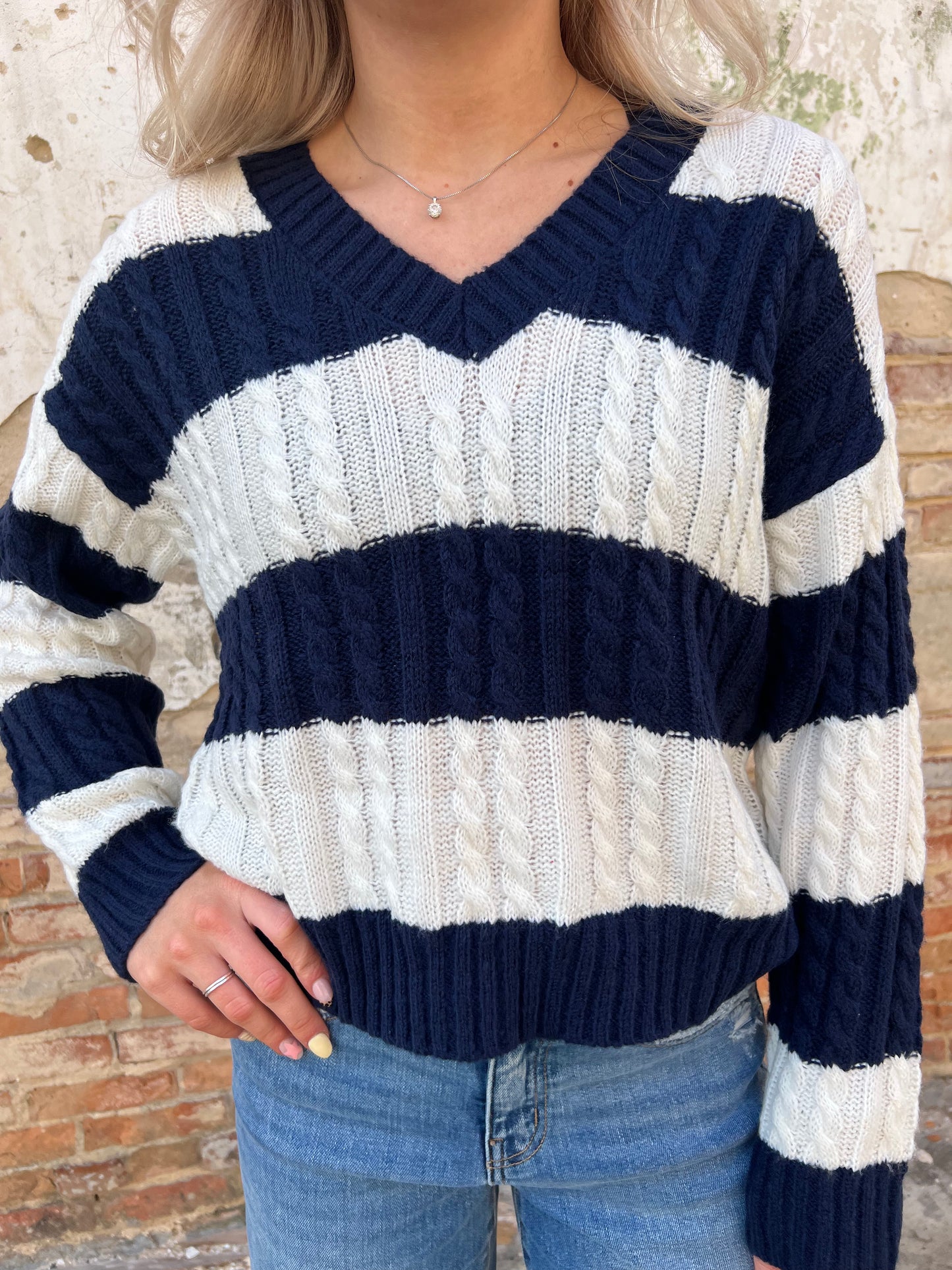 Sydney Stripe V Neck Cable Knit Pullover Sweater-Sweater-Blu Pepper-BIN C4,FD 02/04/25,Tops Collection-The Twisted Chandelier