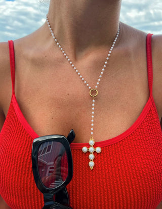 Chansutt Pearls Lariat Pearl Cross Necklace-Necklaces-CHANSUTTPEARLS-CR 03/31/25-The Twisted Chandelier
