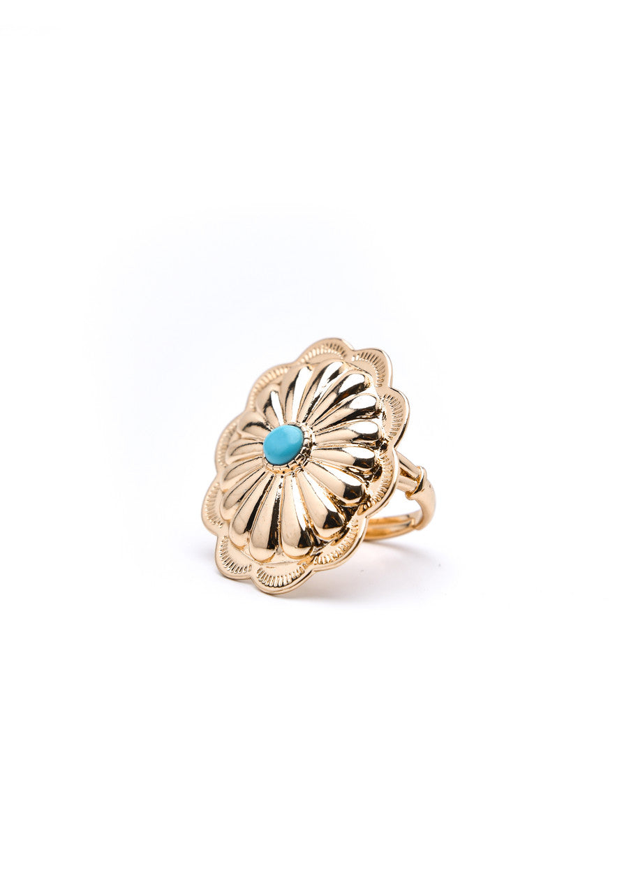 West and Co. Large Burnished Gold Adjustable Concho Ring with Turquoise Stone-Western Ring-West and Co.--The Twisted Chandelier