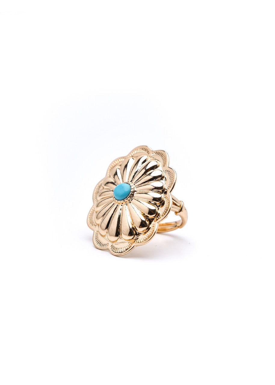 West and Co. Large Burnished Gold Adjustable Concho Ring with Turquoise Stone-Western Ring-West and Co.-Accessories-The Twisted Chandelier