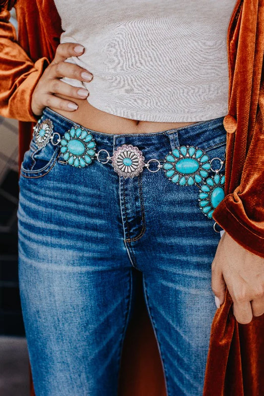 Floral Turquoise Concho Link Belt-Belts-Southern Grace Wholesale-CR 08/21/24-The Twisted Chandelier