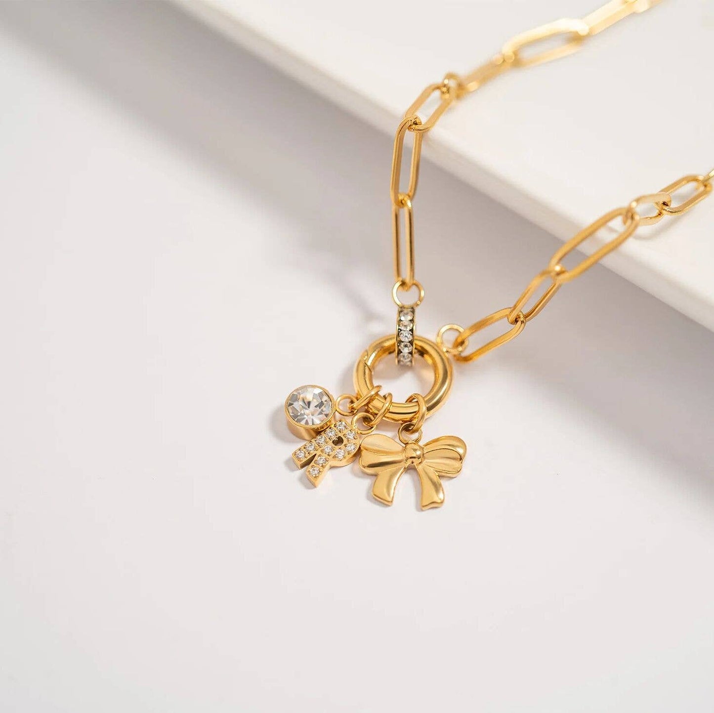 18K Gold PVD Stainless Steel Ribbon Bow Charm-WJW-The Twisted Chandelier