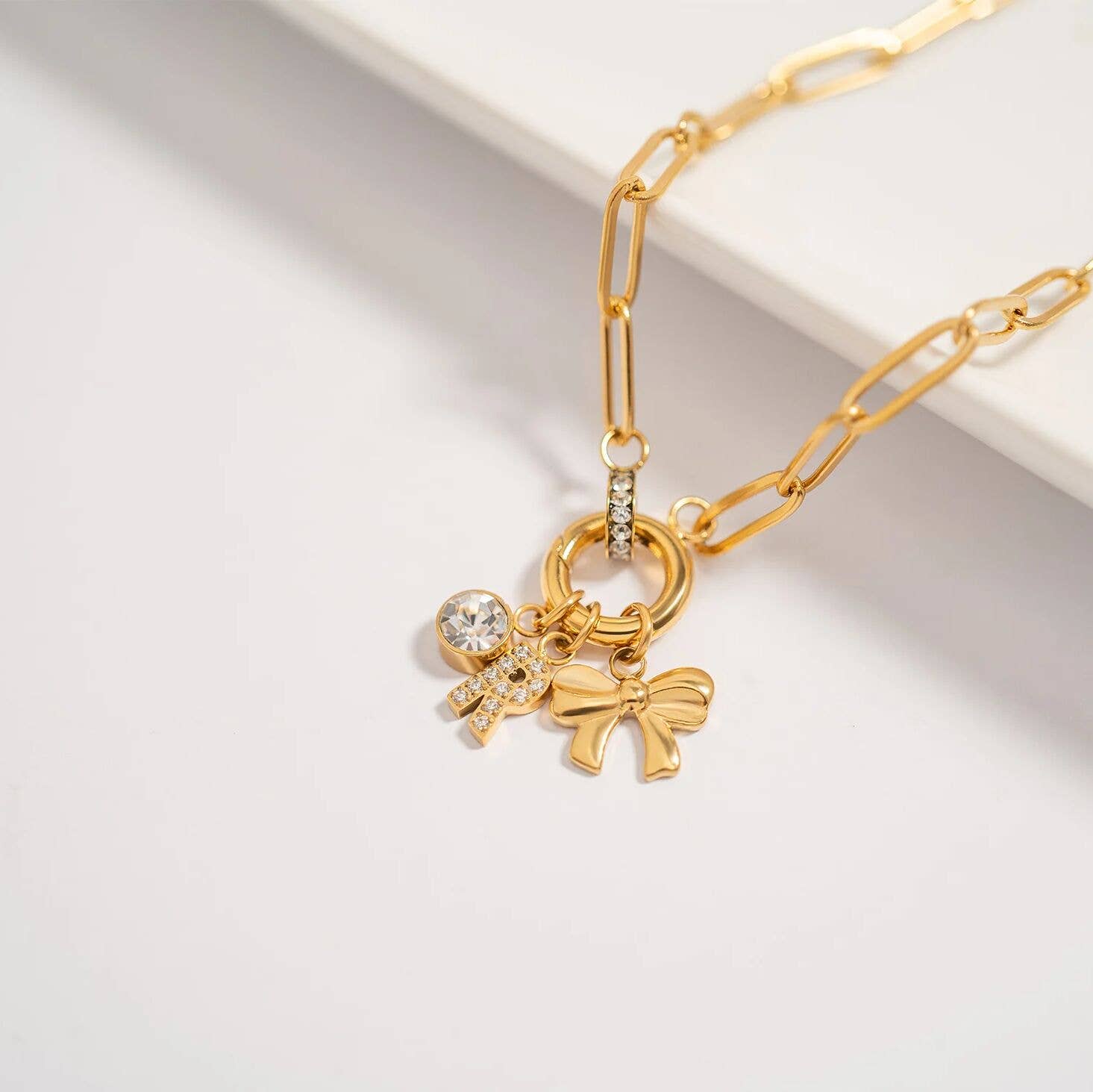 18K Gold PVD Stainless Steel Ribbon Bow Charm-WJW-The Twisted Chandelier