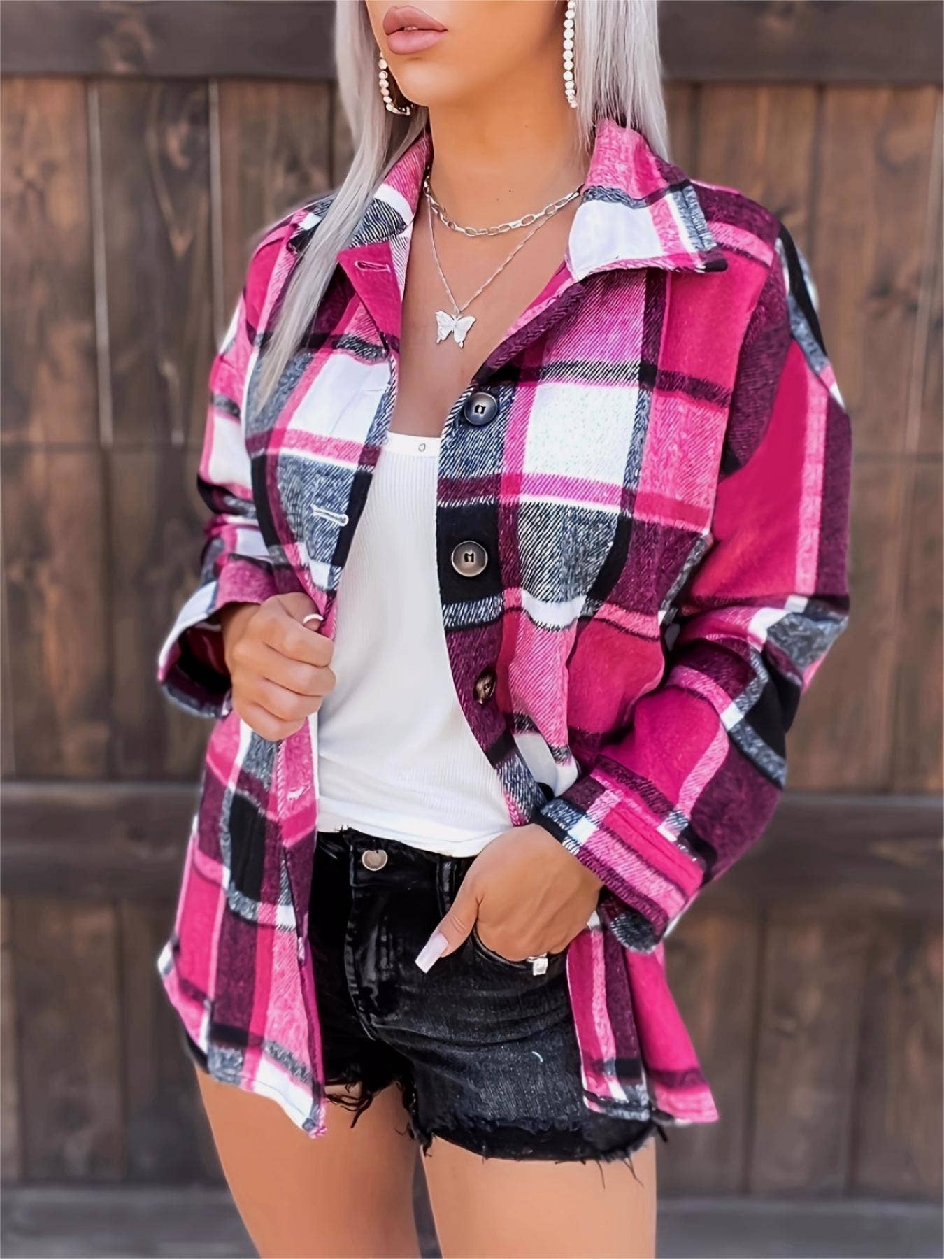 Autumn rose plaid shirt jacket-Rosa Clothing--The Twisted Chandelier