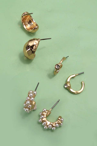 TRIO PEARL DIAMOND CUT HUGGIE HOOP EARRINGS | 80E3935-JOSSLYN by wall to wall-The Twisted Chandelier
