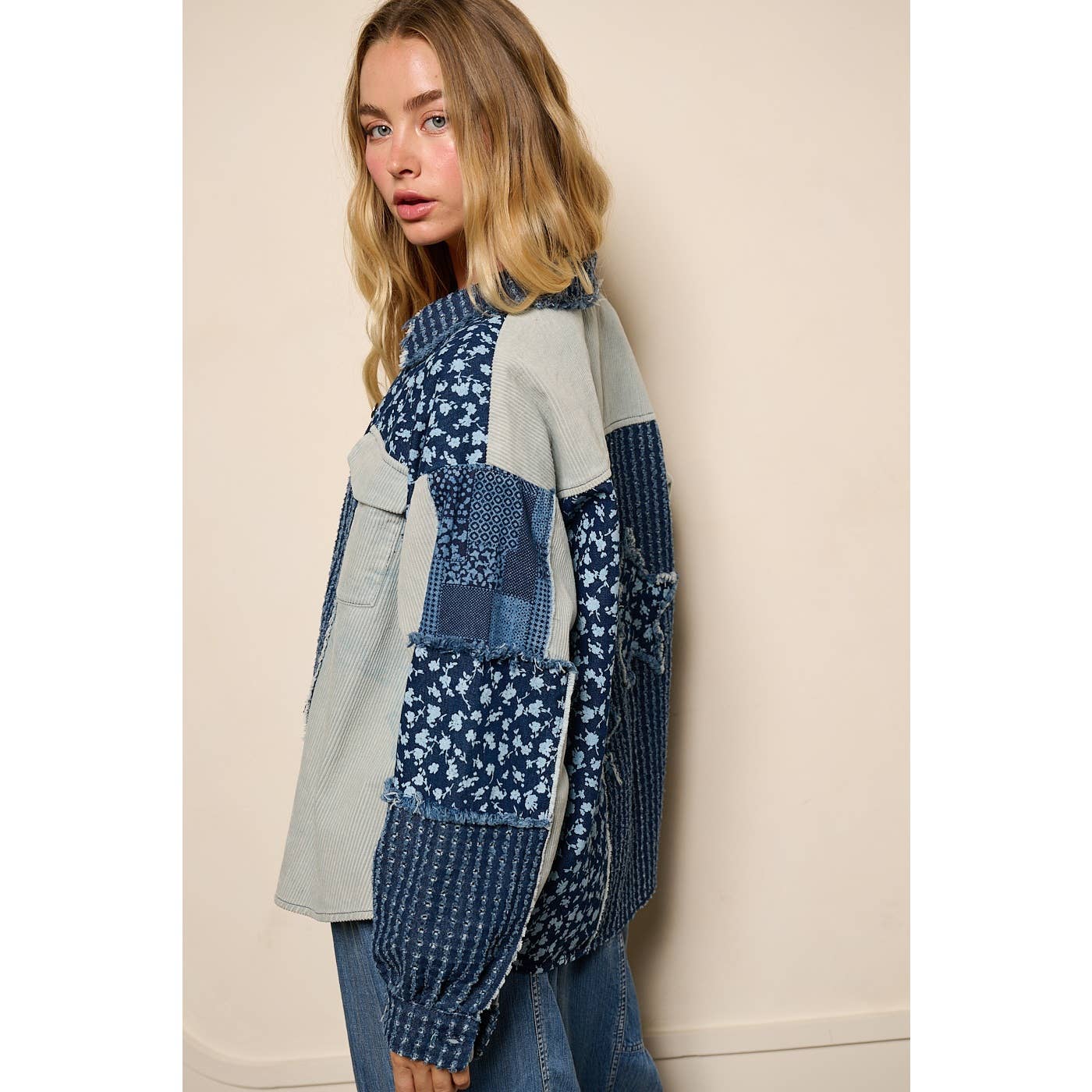 Lizzie Patchwork Mix Media Print Oversized Denim Shacket-mittoshop-The Twisted Chandelier