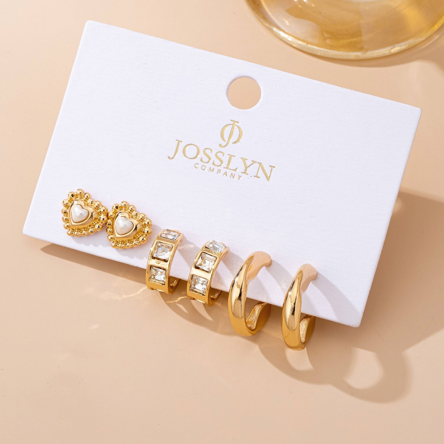Pearl Heart & Rhinestone Huggie Hoop Trio Earrings-JOSSLYN by wall to wall-80E61757-The Twisted Chandelier