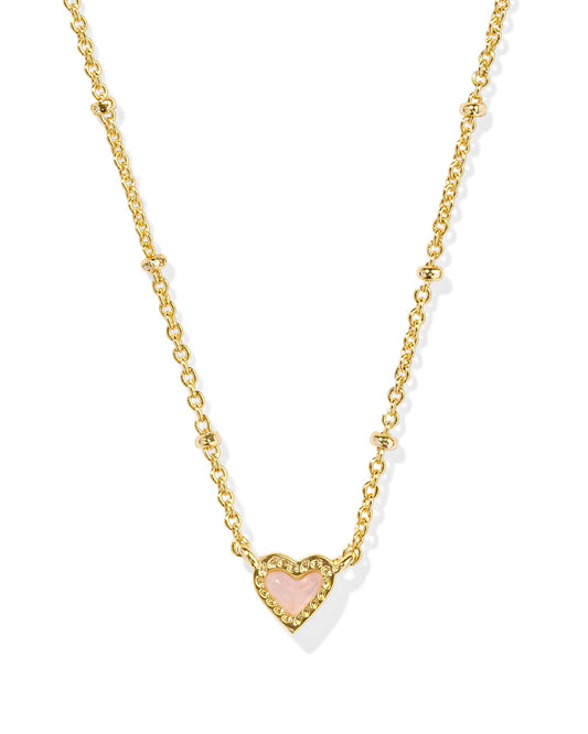 Kendra Scott Mini Ari Heart Satellite Short Pendant Necklace Gold Rose Quartz-Necklaces-Kendra Scott-CR 09/30/24, FD 10/01/24, N00854GLD-The Twisted Chandelier