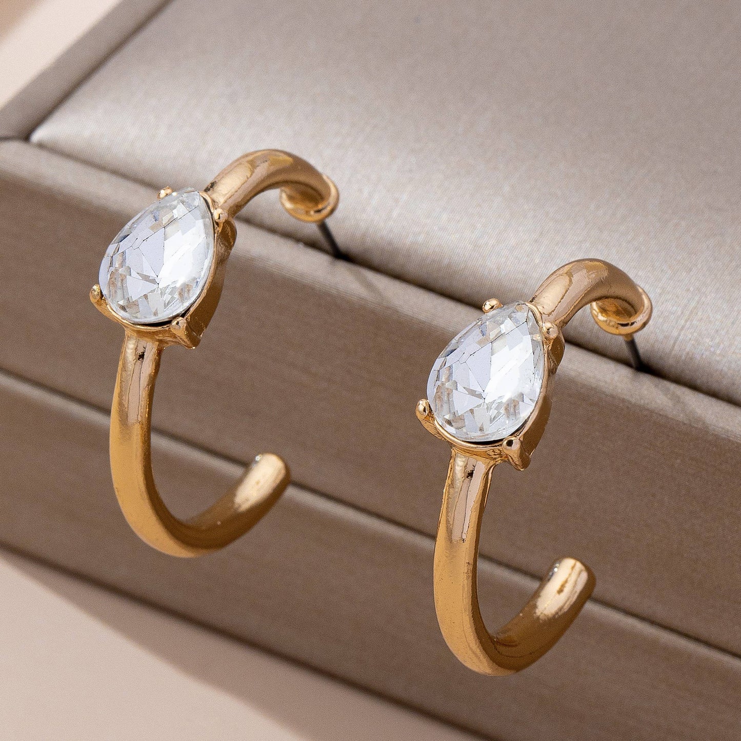 Solitaire Crystal Gold Hoop Earrings-JOSSLYN by wall to wall-80E61640-The Twisted Chandelier