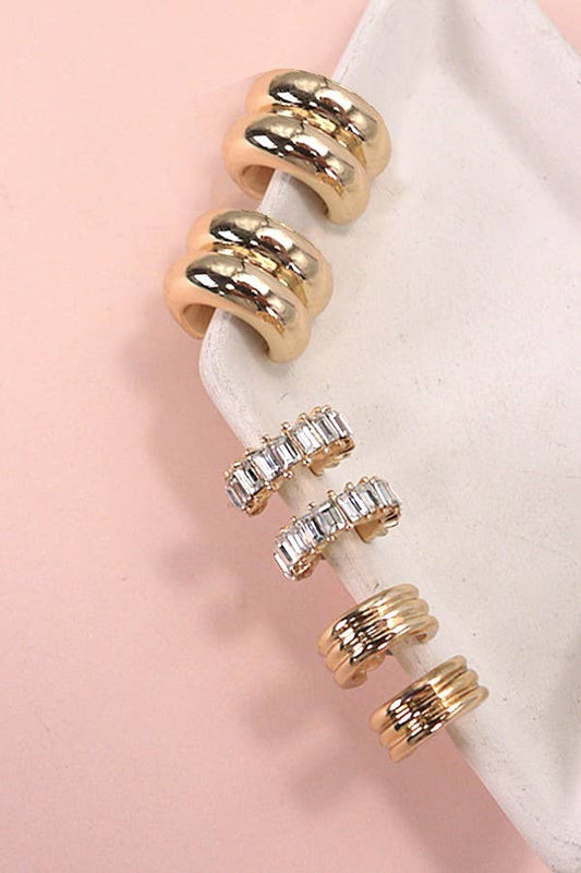 Baguette Stone Double Hoop Huggie Trio Earrings-JOSSLYN by wall to wall-80E5317-Gold-The Twisted Chandelier