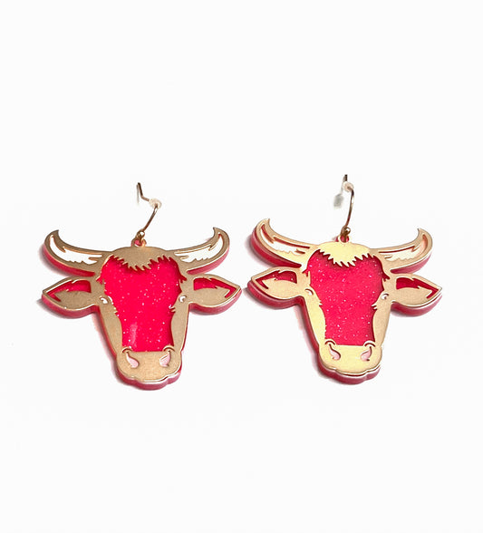 Acrylic Steer Head Earrings Pink-Earrings-806 Accessories--The Twisted Chandelier