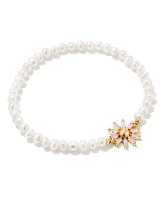 Kendra Scott Madison Daisy Pearl Stretch Bracelet Gold Pink Opal Crystal-Bracelets-Kendra Scott-B1497GLD-The Twisted Chandelier