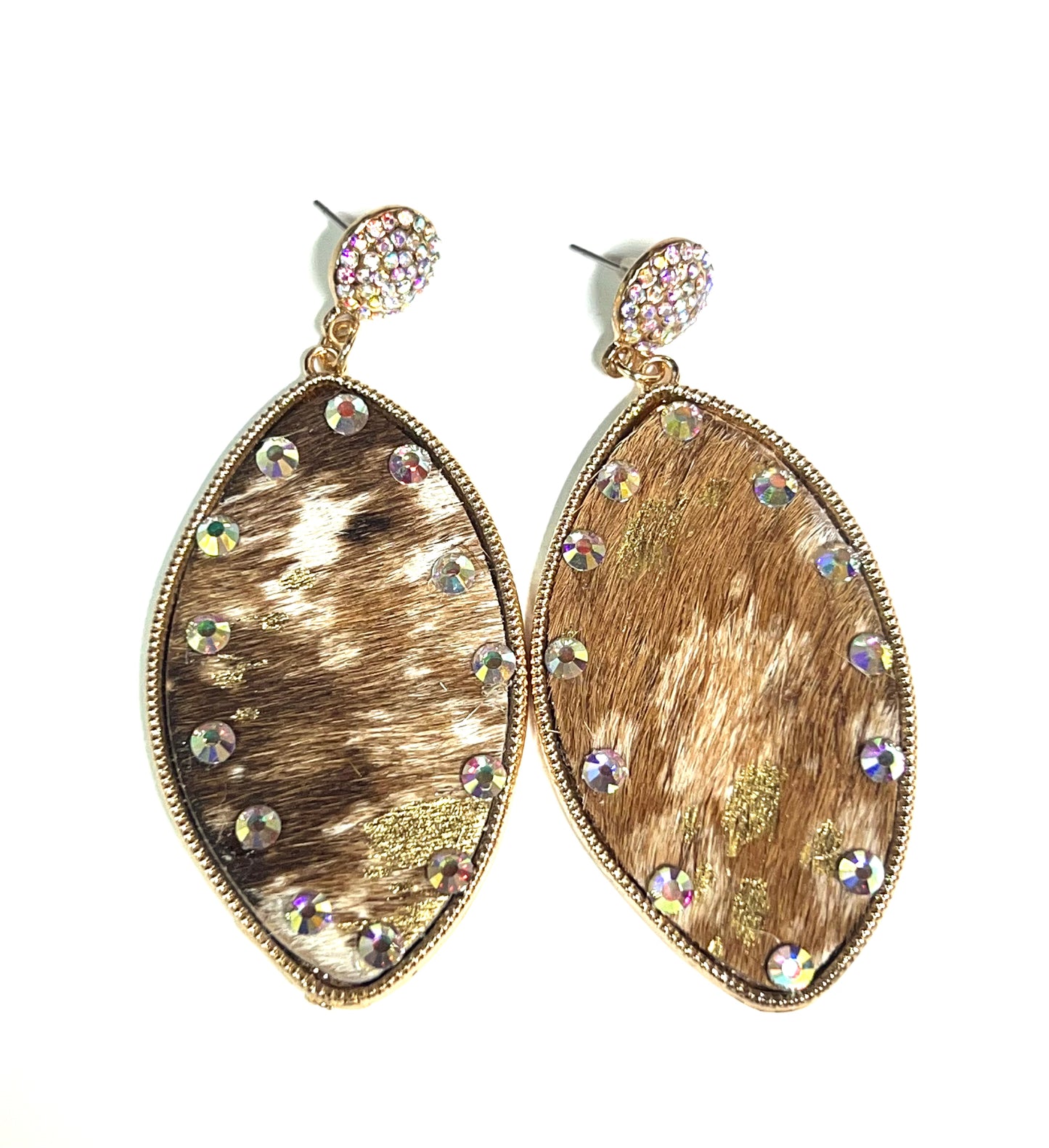 Gold & Brown Cowhide Oval Crystal Earrings-Earrings-Southern Grace Wholesale--The Twisted Chandelier