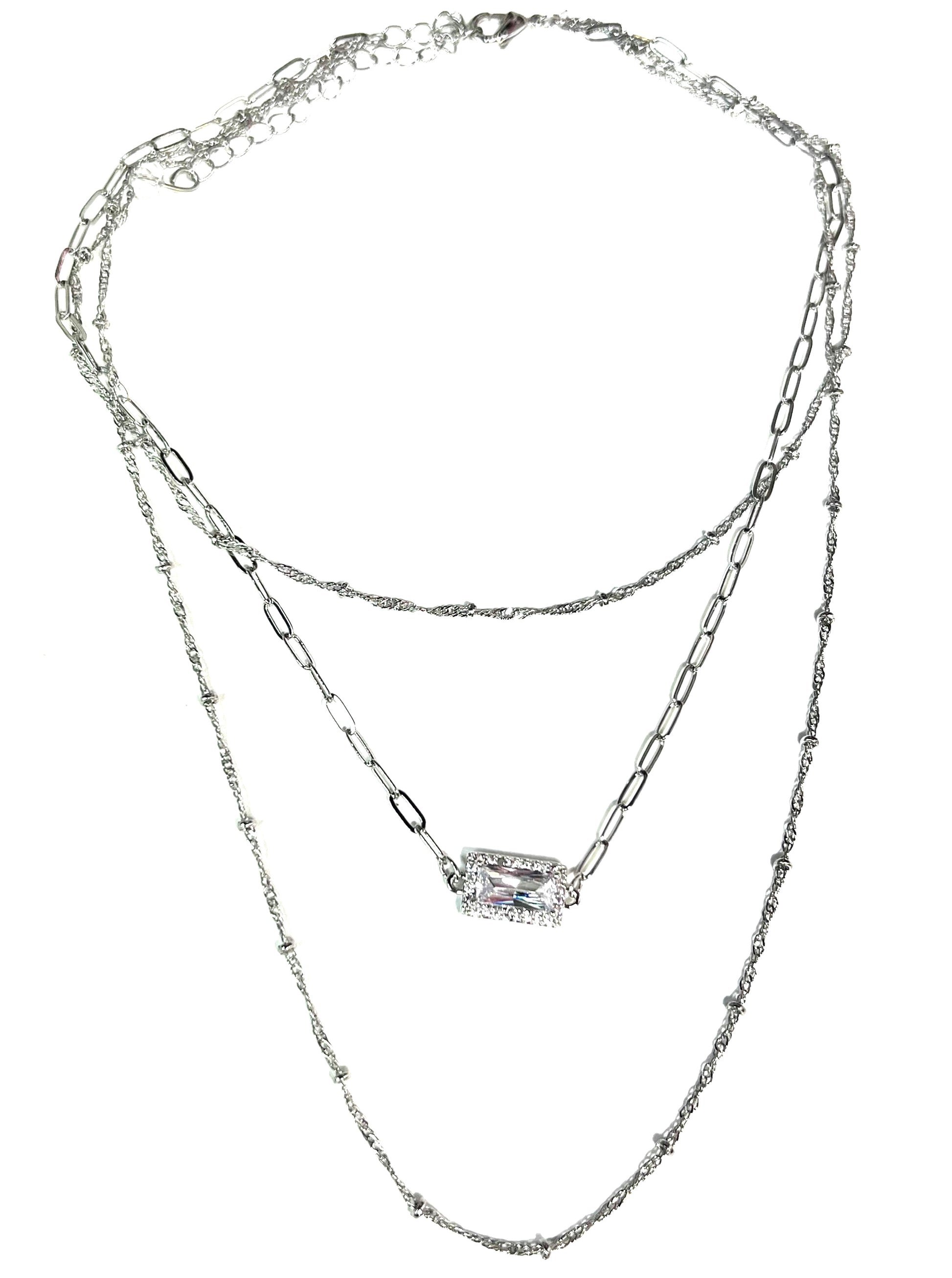 Clear Rectangle Crystal Silver Paperclip Chain 3 Layer Necklace-Layer Necklace-Southern Grace Wholesale--The Twisted Chandelier
