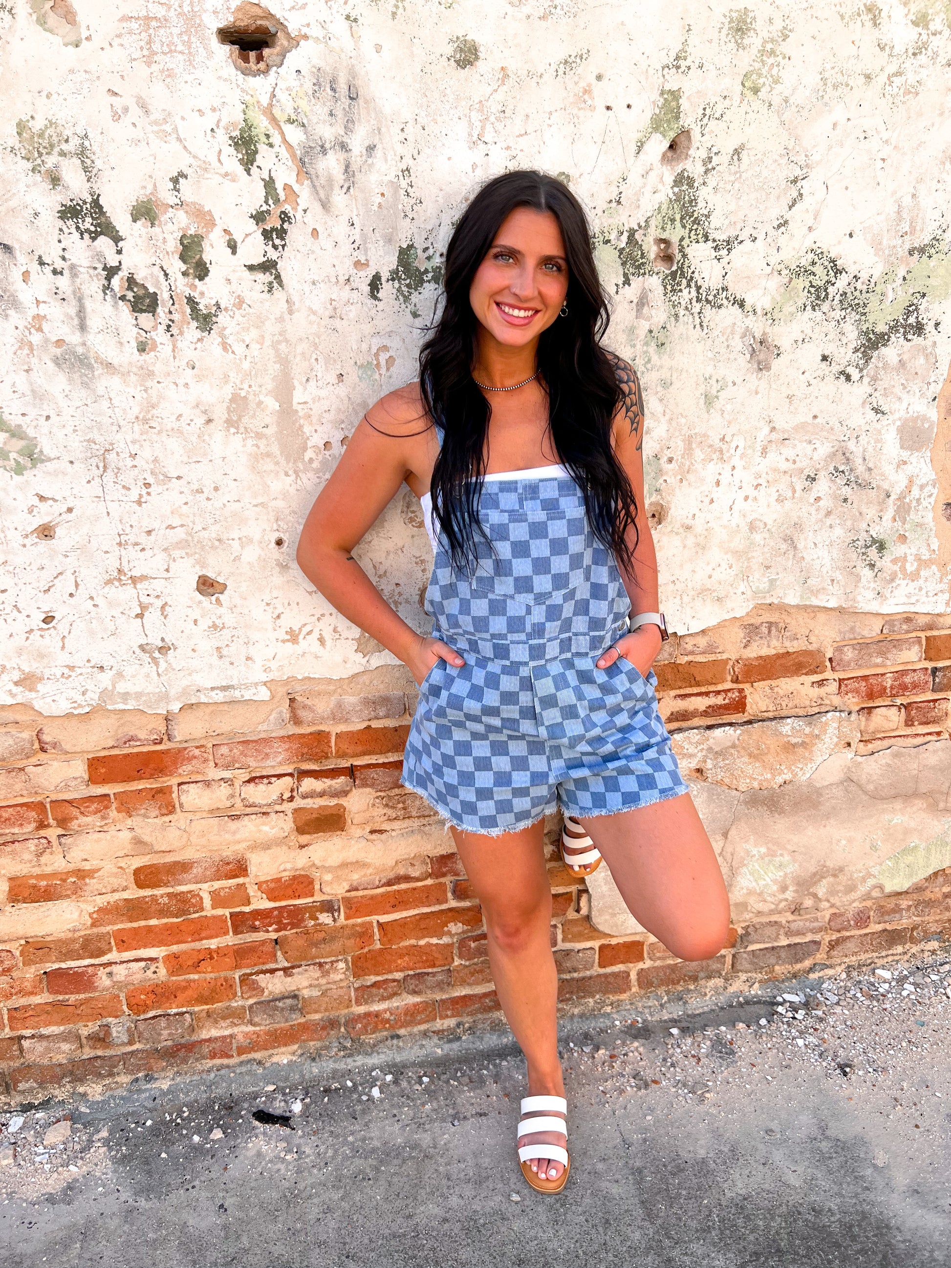 Chloe Checkered Denim Short Overallls-Apparel & Accessories-&merci--The Twisted Chandelier