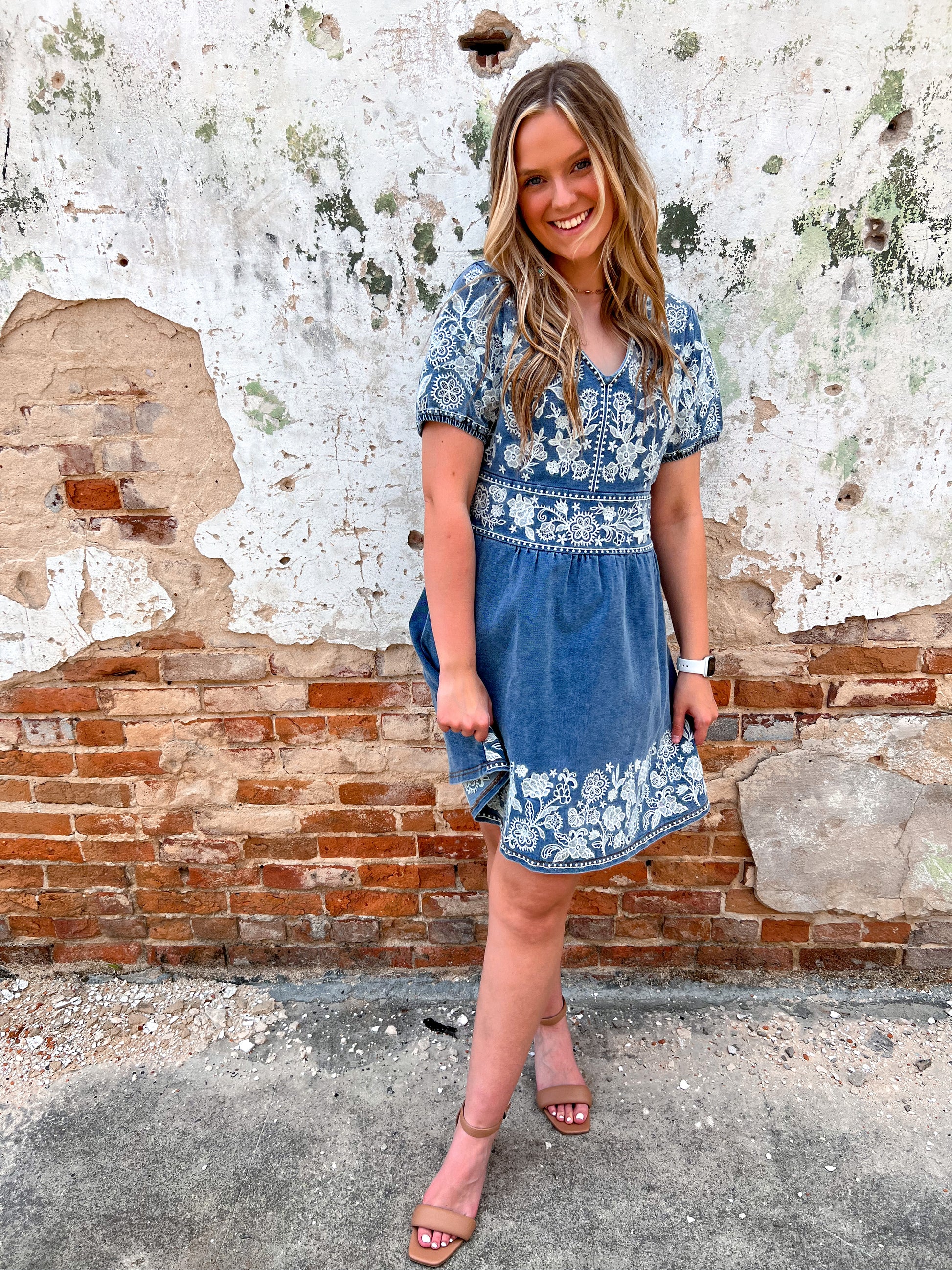 Leah Embroidered Denim Fit & Flare Dress-Denim Dress-Andree-09/06/23, 1st md 6/28, 2nd md, 3rd md, D10451, FAVES, md 7/30-The Twisted Chandelier