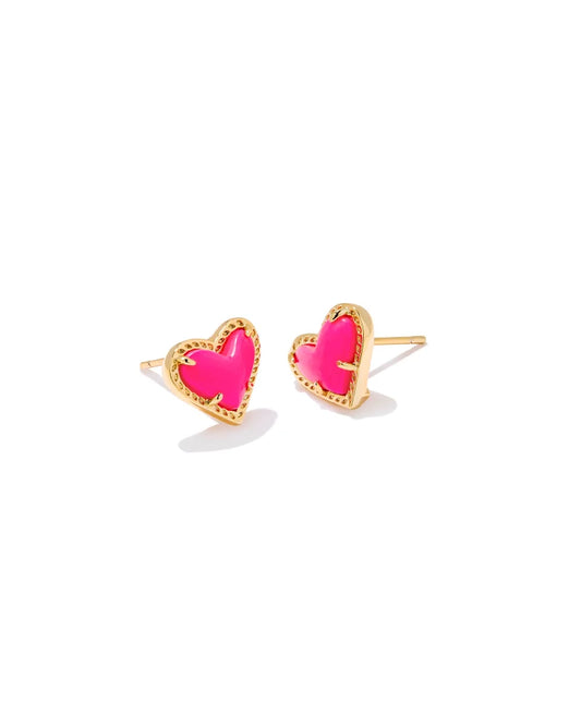 Kendra Scott Ari Heart Stud Earrings Gold Neon Pink Magnesite-Earrings-Kendra Scott-E1458GLD-The Twisted Chandelier