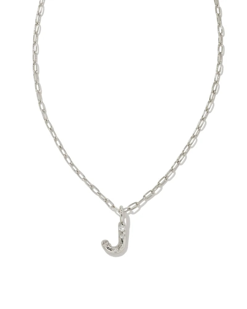 Kendra Scott Crystal Letter J Short Pendant Necklace Silver White CZ-Necklaces-Kendra Scott-N00199RHD-The Twisted Chandelier