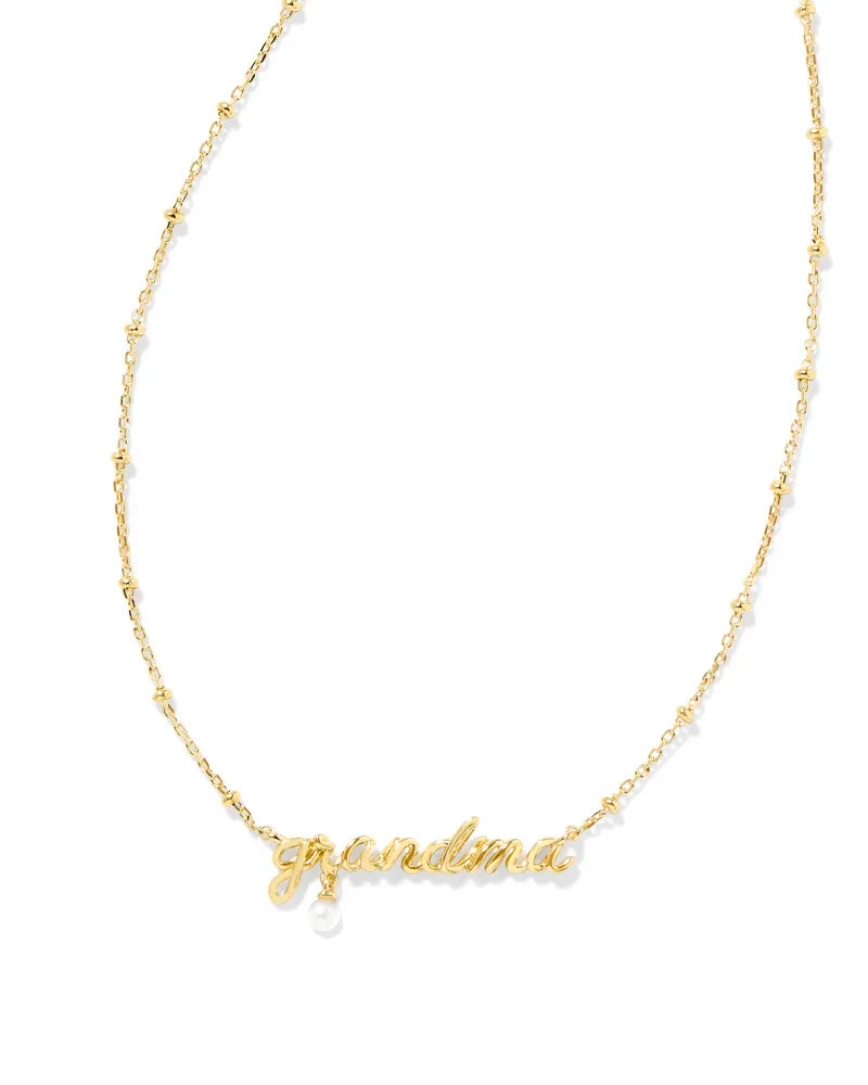 Kendra Scott Grandma Script Pendant Necklace Gold White Pearl-Necklaces-Kendra Scott-N00463GLD-The Twisted Chandelier