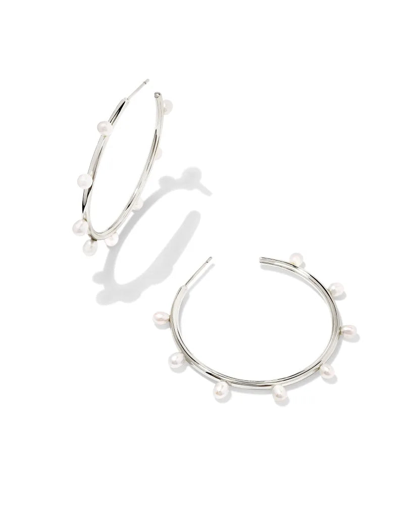 Kendra Scott Leighton Pearl Hoop Earring Silver White Pearl-Earrings-Kendra Scott-E00153RHD-The Twisted Chandelier