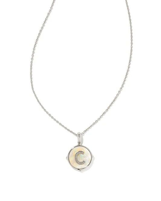 Kendra Scott Letter C Disc Pendant Necklace Rhodium Iridescent Abalone-Necklaces-Kendra Scott-N1800RHD-The Twisted Chandelier