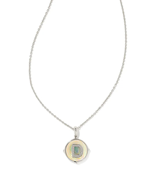 Kendra Scott Letter D Disc Pendant Necklace Rhodium Iridescent Abalone-Necklaces-Kendra Scott-N1800RHD-The Twisted Chandelier