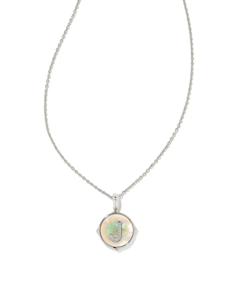 Kendra Scott Letter J Disc Pendant Necklace Rhodium Iridescent Abalone-Necklaces-Kendra Scott-N1800RHD-The Twisted Chandelier
