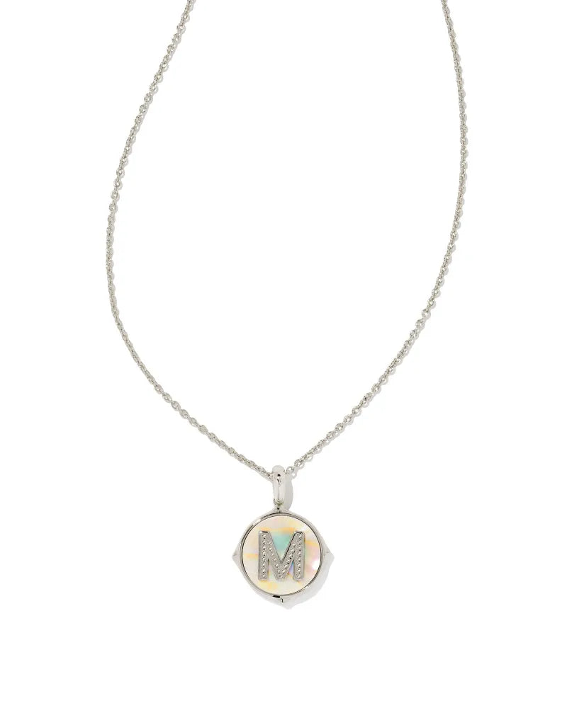 Kendra Scott Letter M Disc Pendant Necklace Rhodium Iridescent Abalone-Necklaces-Kendra Scott-N1800RHD-The Twisted Chandelier