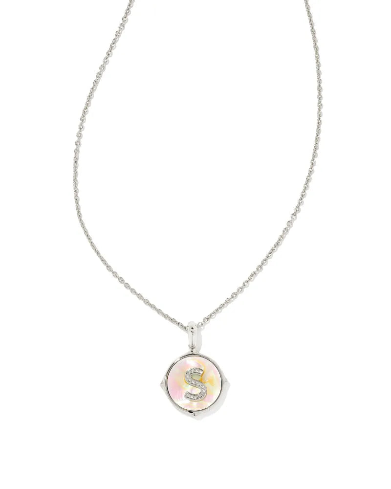 Kendra Scott Letter S Disc Pendant Necklace Rhodium Iridescent Abalone-Necklaces-Kendra Scott-N1800RHD-The Twisted Chandelier