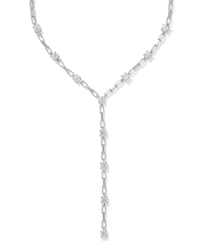 Kendra Scott Lexi Y Necklace Silver White Crystal-Necklaces-Kendra Scott-CR 07/31/24, FD 07/31/24, N00726RHD-The Twisted Chandelier